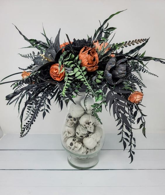 Halloween flower arrangement ideas wooden flower and skulls