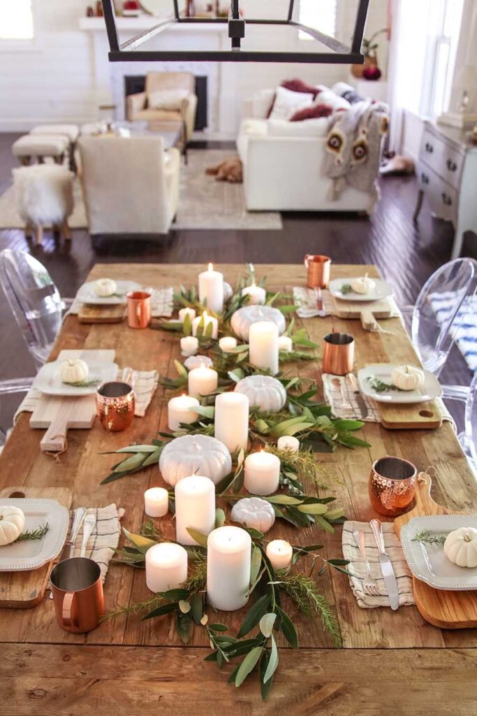 fall tablescapes candles and leaves