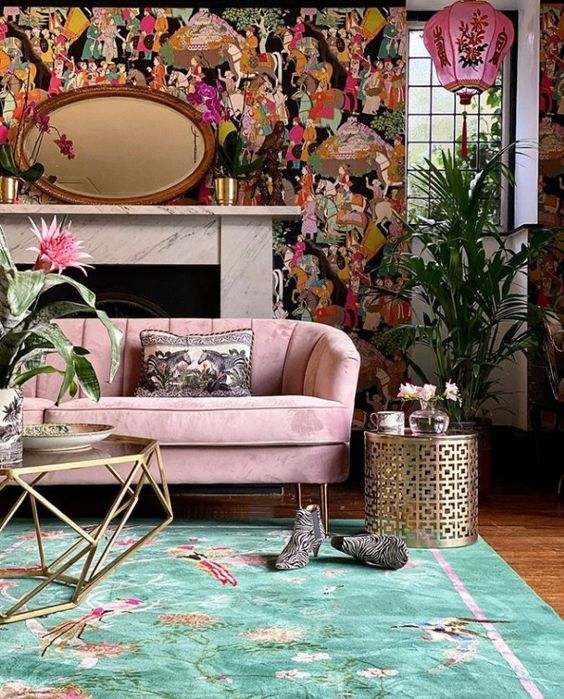 Maximalist Living Rooms feature wall paper