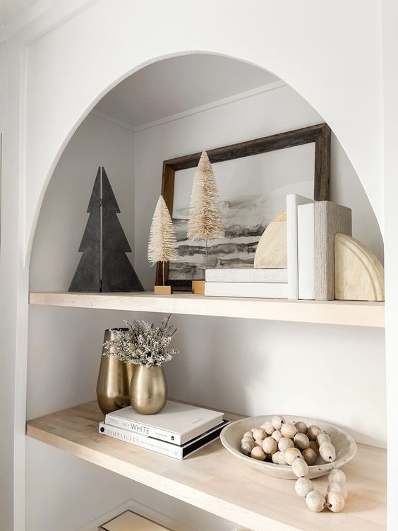 Christmas shelf decor neutrals