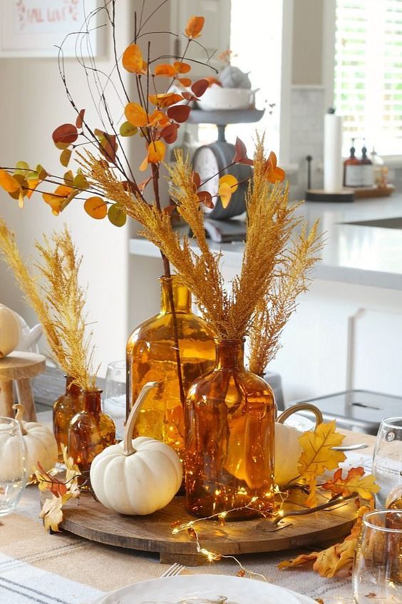 Fall Tray Decor colored glass bottles