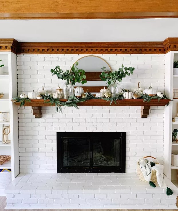 fall mantel decor white brick