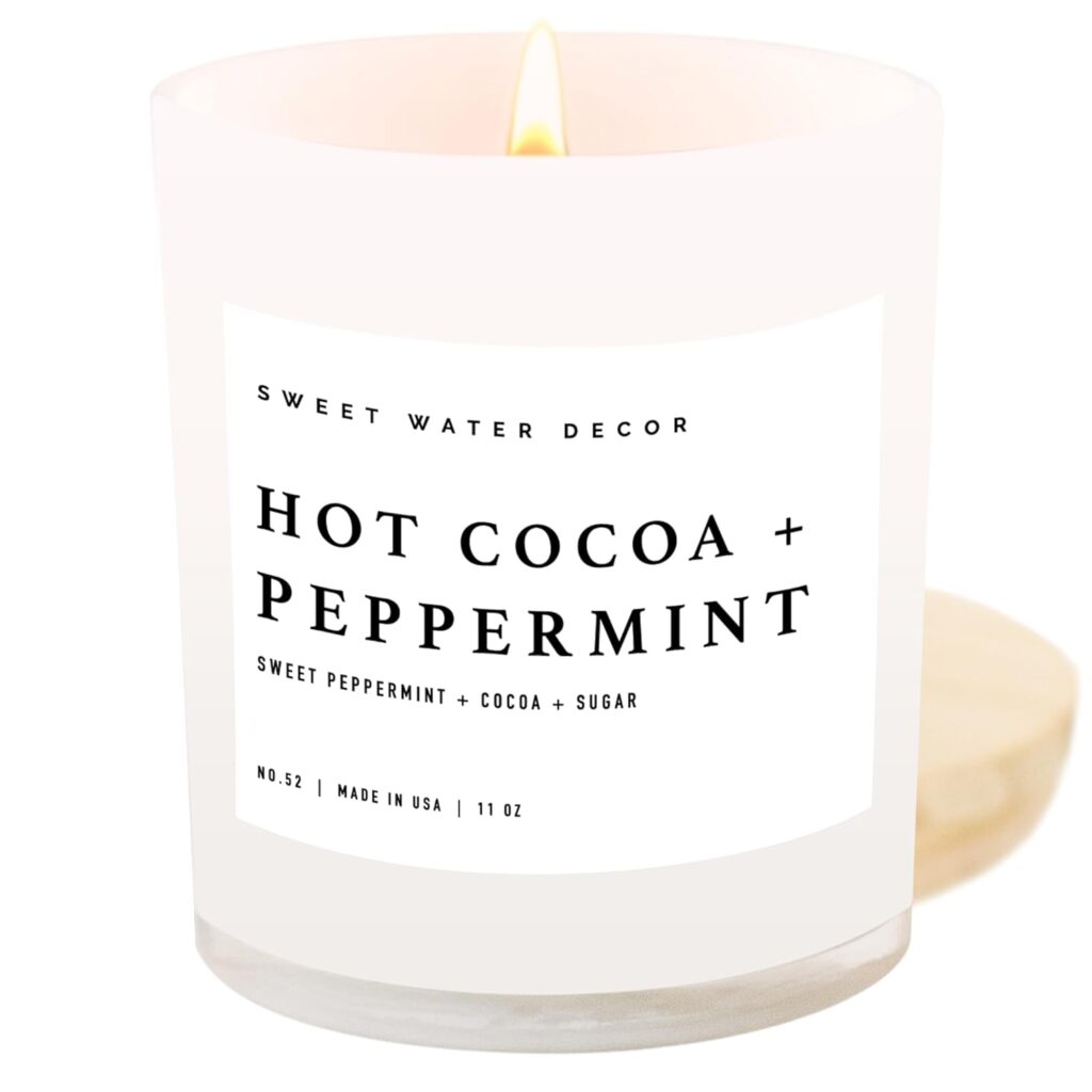 Christmas candles hot cocoa and peppermint
