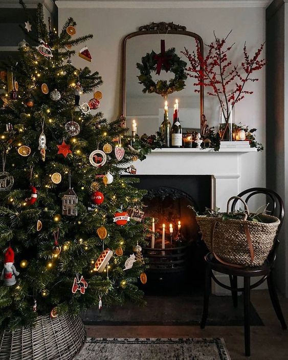 Christmas mantle decor bottles and berries