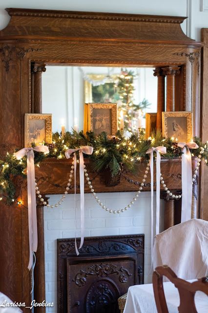 Christmas mantle decor delicate bows