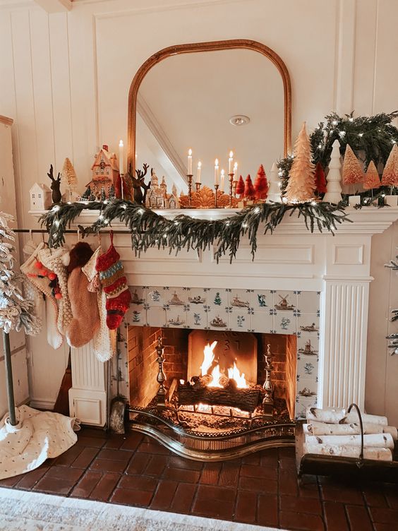 Christmas mantle decor quaint red and white