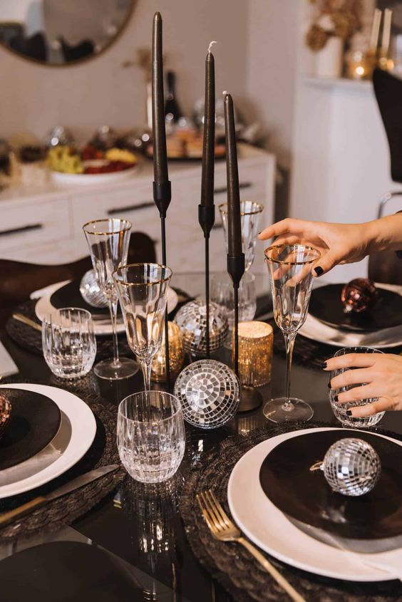 new year's eve centerpieces black candles and disco balls