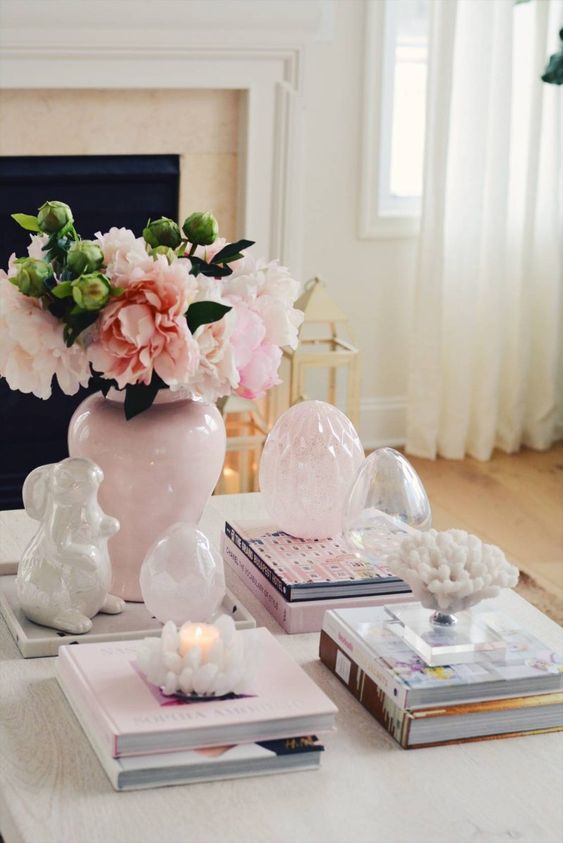easter decor ideas feminine pink coffee table