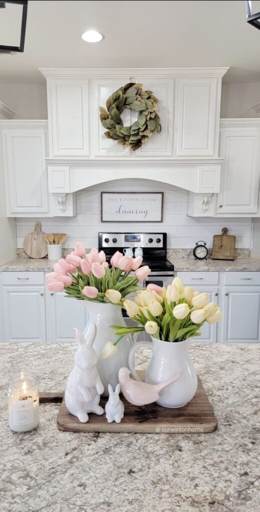 easter decor ideas tulips and figurines