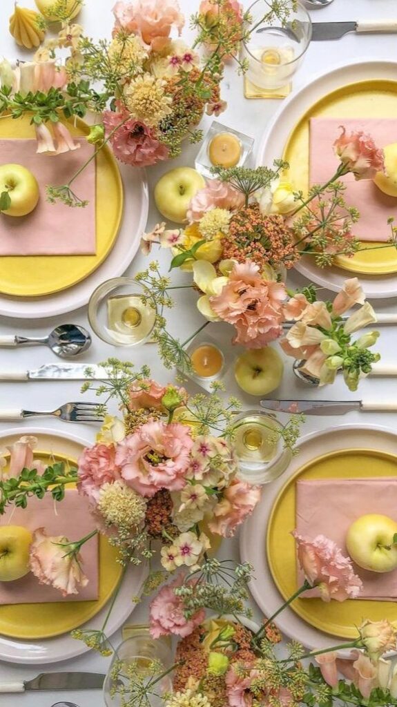 spring table decor pinks and yellows