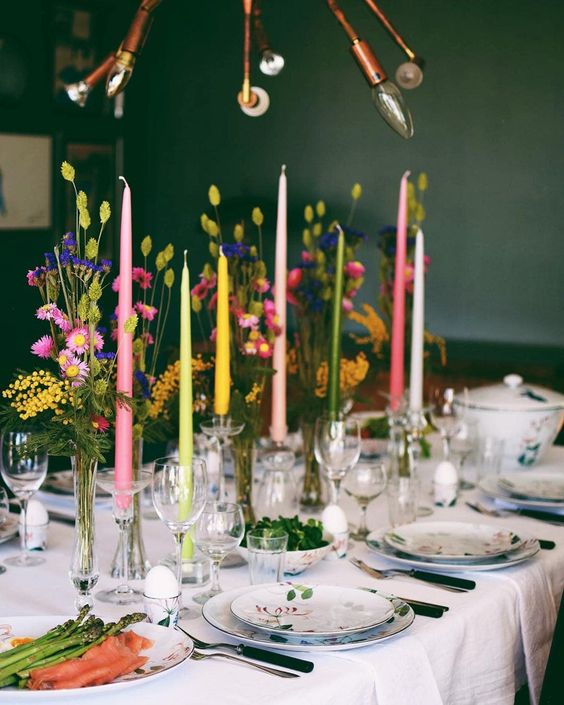 spring table decor bud vases and tapers